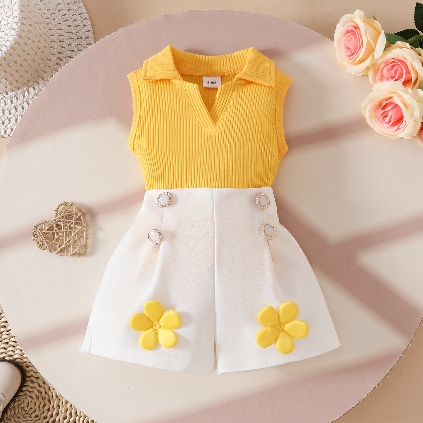 Sweet Toddler Sleeveless Lapel Open Chest Sunken Stripe Top Three-dimensional Children's Suit
