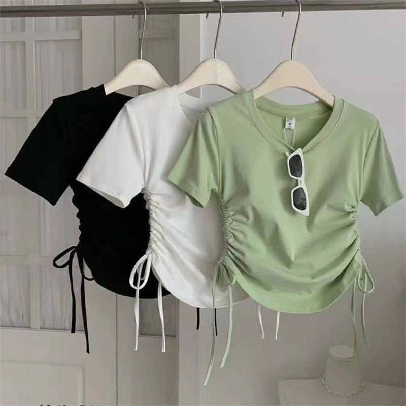 Summer Korean Style Drawstring Solid Color Children's T-shirt