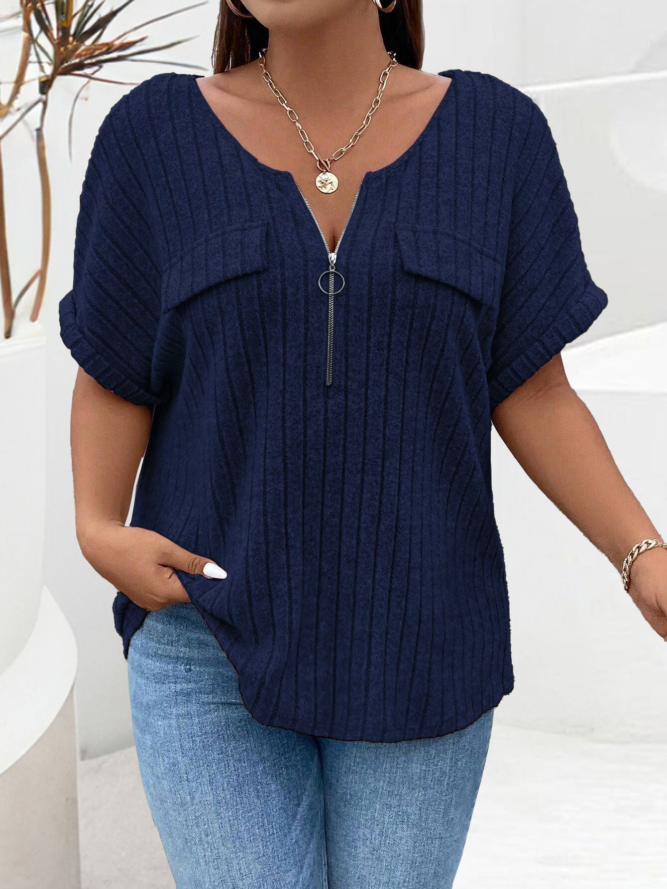 Women's Solid Color Clothes Zipper Sleeve Faux Pocket Pullover Tops