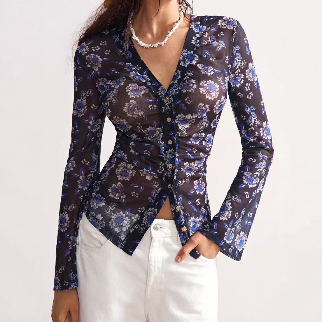 Women's Summer Mesh Floral Print Shirt Slim Fit Slimming Retro Temperament Blouse