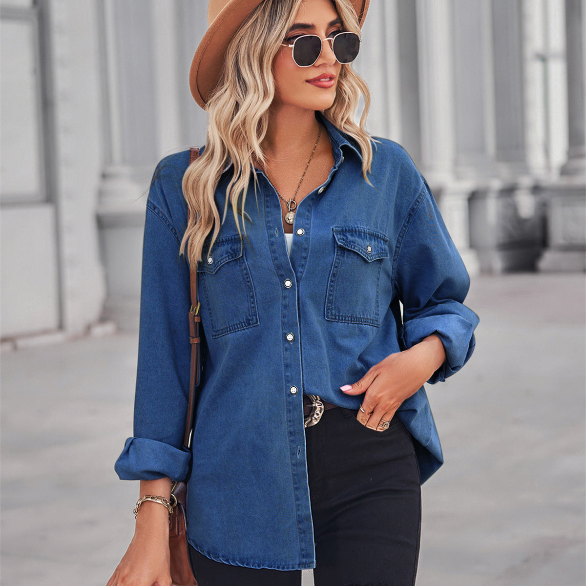 Women's Color Figure Flattering Thin Denim Long Sleeve Shirt Blouse