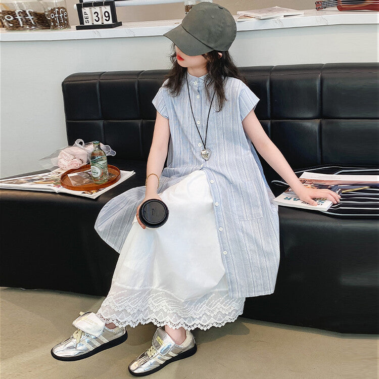 Children's Summer Floral Suit Korean Medium Big Thin Bandage Striped Children's Dress