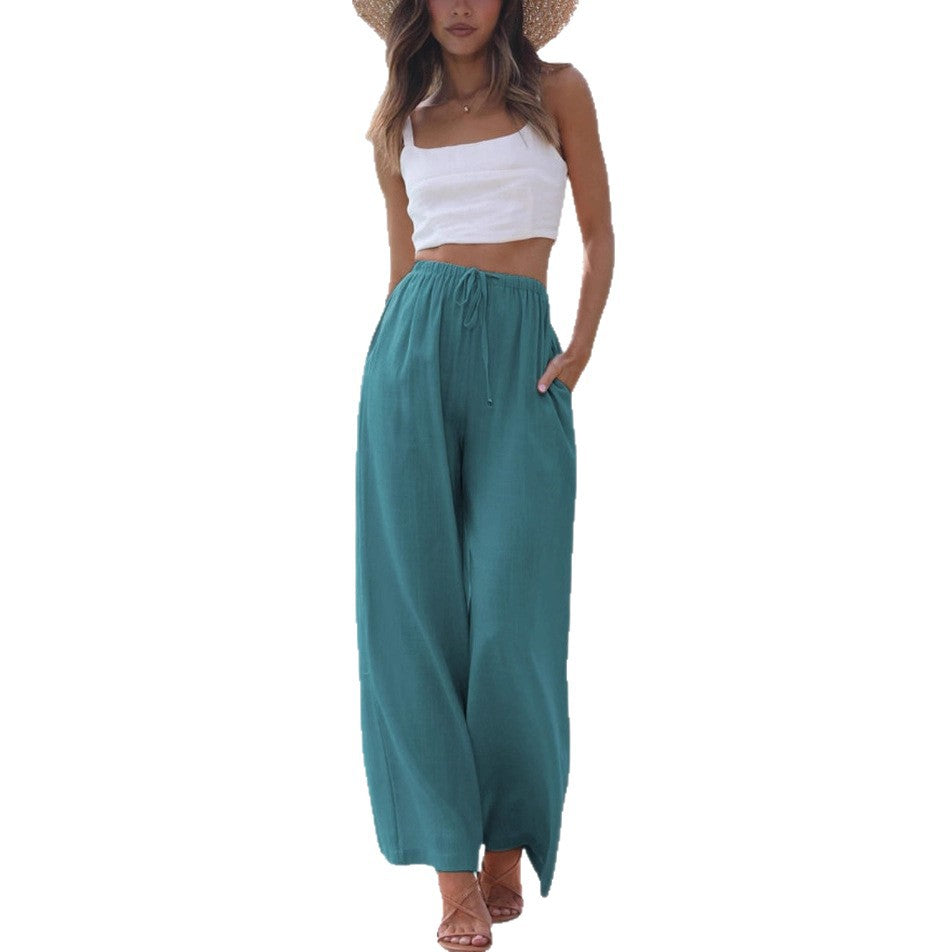 Women's Cotton Linen Drawstring High Waist Wide Casual Pants