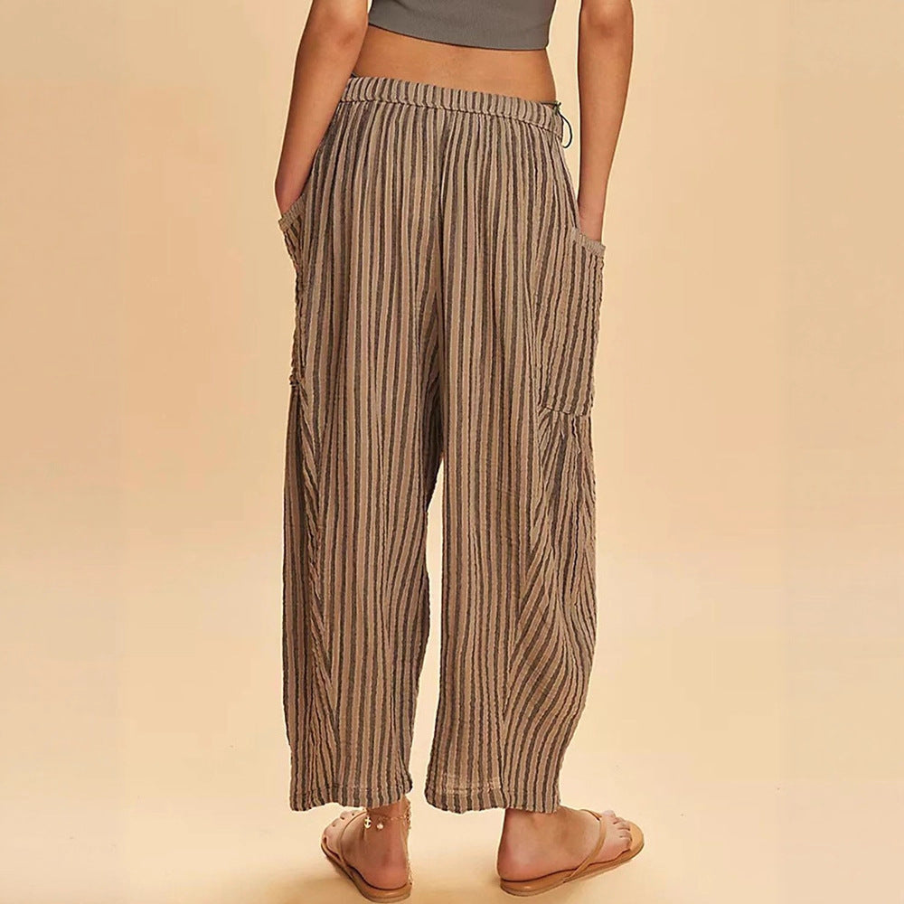 Women's Stripes Elastic Waist Cropped Pleated Breathable Contraction Pants