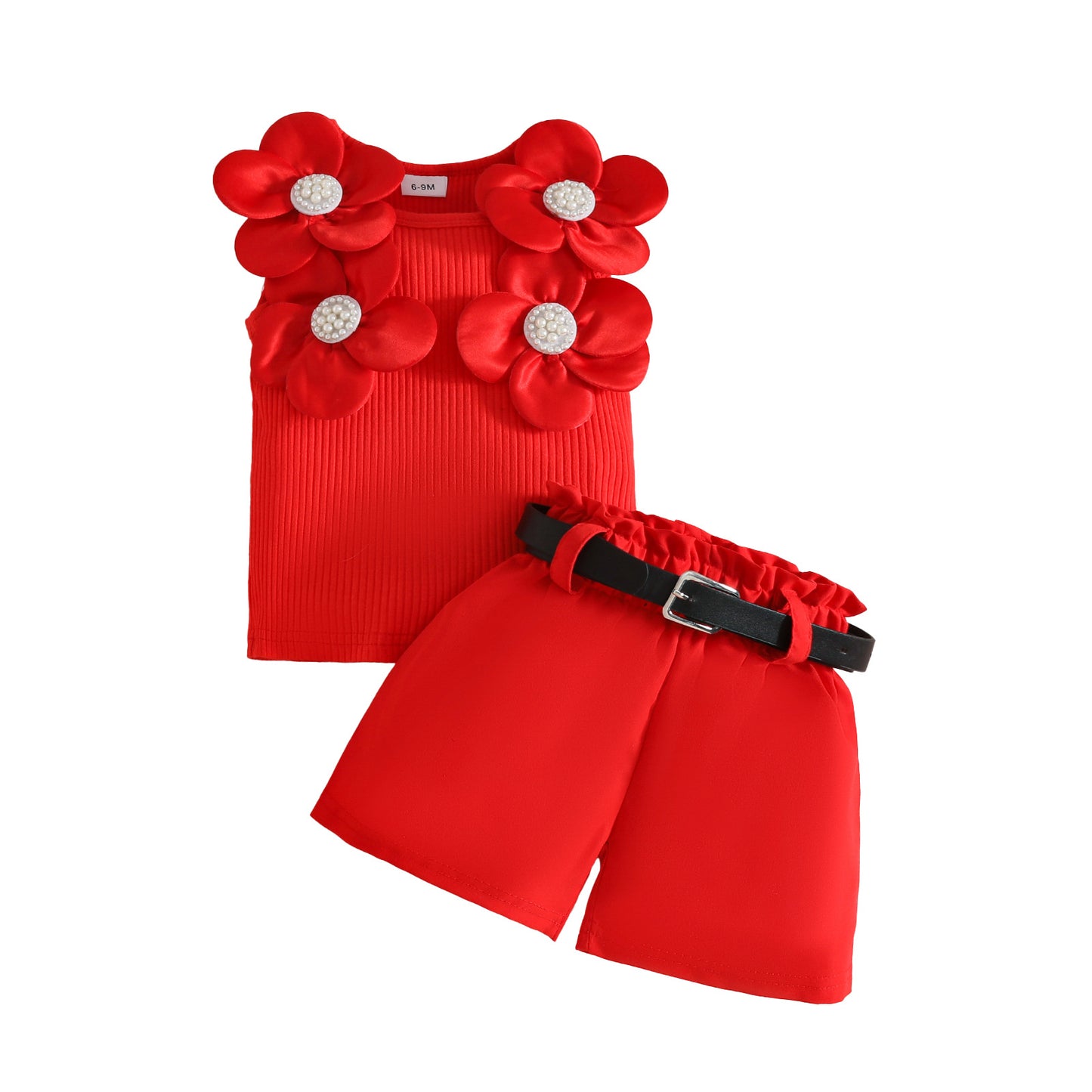 Sleeveless Big Flower Sunken Stripe Top Belt Children's Suit