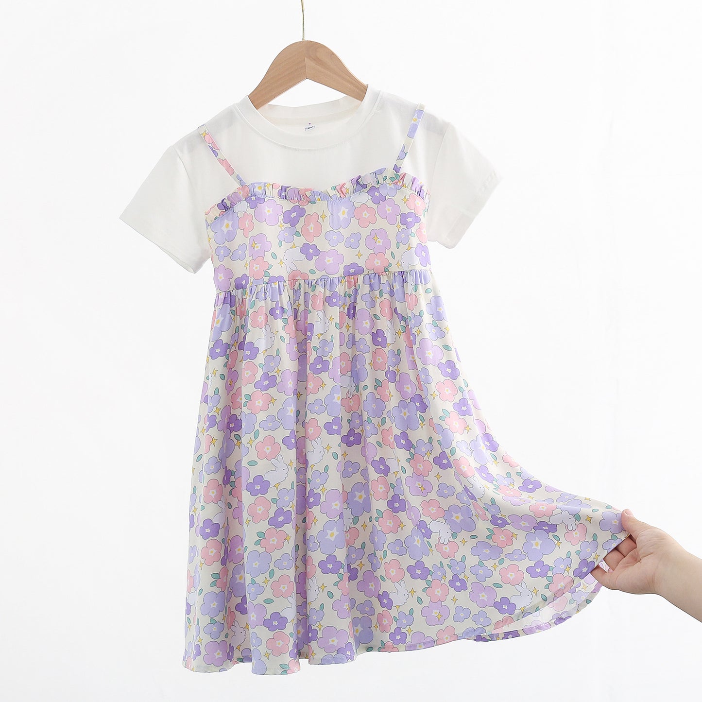 Children's Large Cotton Silk Short Sleeve Fake Two Pieces Artificial Summer Children's Dress