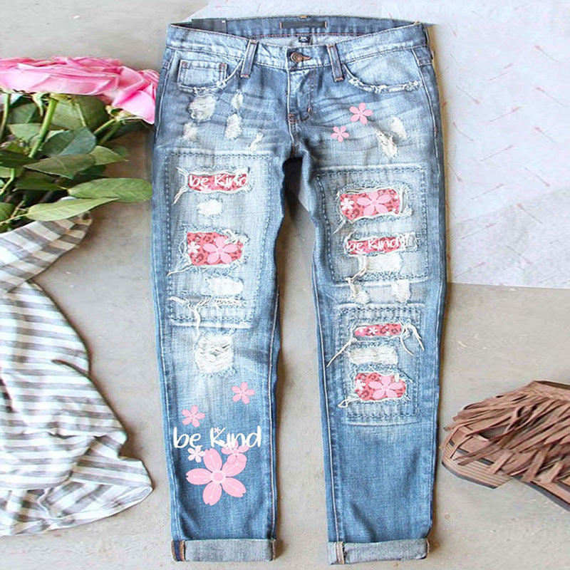 Women's Street Printing Ripped Straight Denim Trousers Women's Jeans