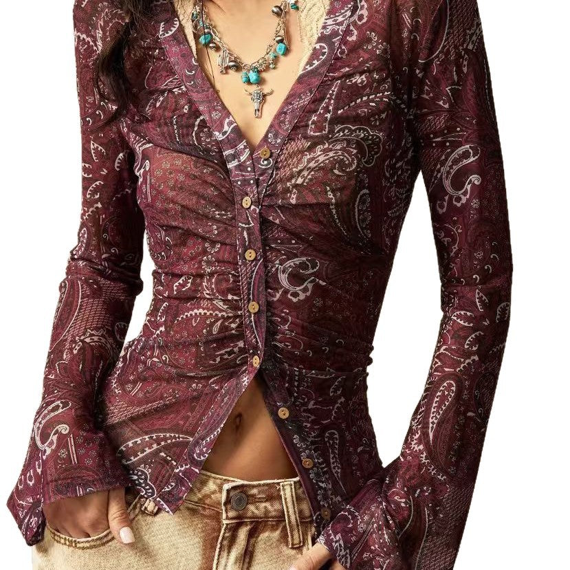 Women's Summer Mesh Floral Print Shirt Slim Fit Slimming Retro Temperament Blouse