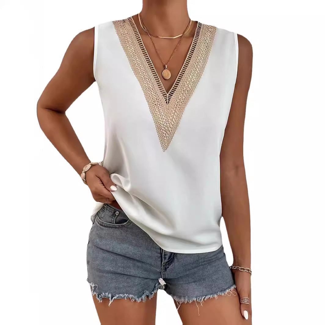 Women's Summer Pullover Loose Casual Sleeveless Base Lace Shirt, Chiffon Shirt