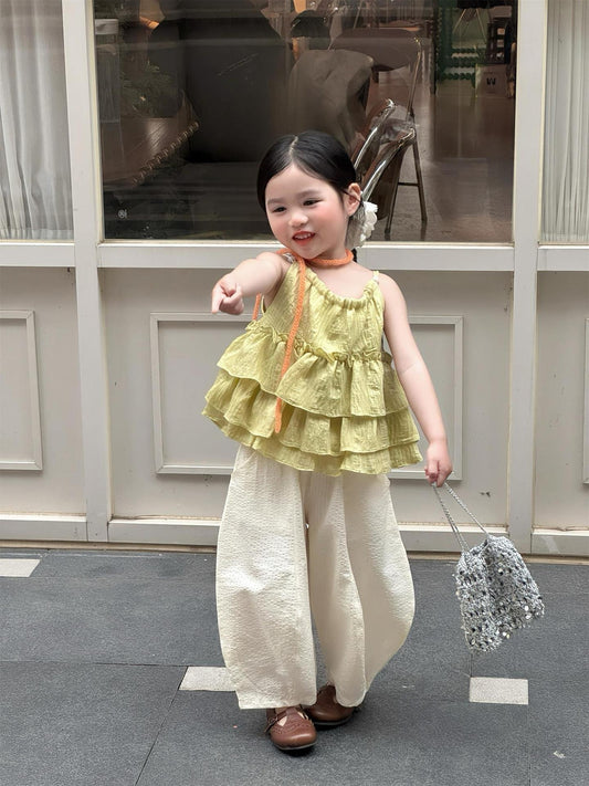 Fresh Avocado Color Ruffled Spaghetti Straps Top Bubble Pinstripe Loose Children's Suit