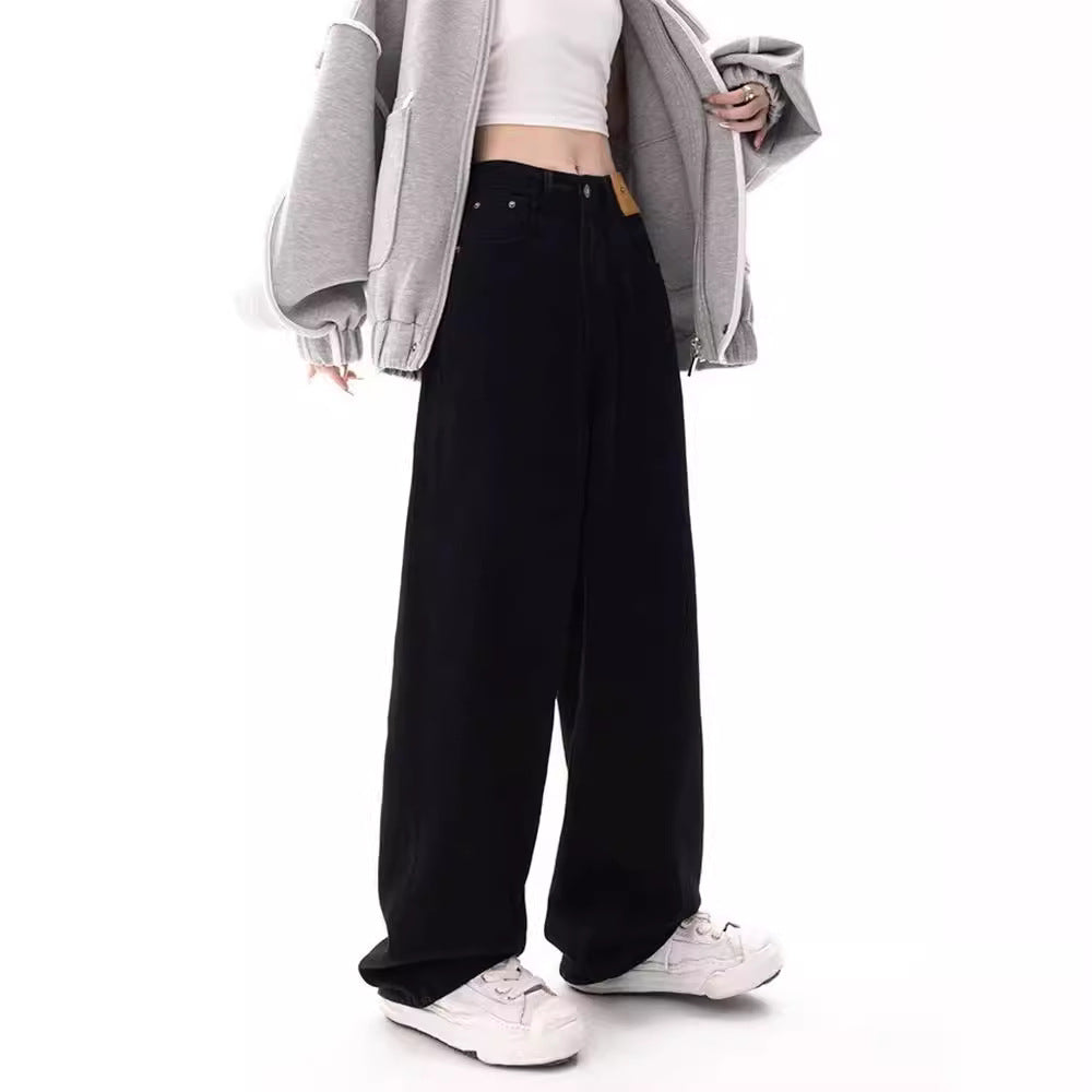 American High Street Black Straight Draping Autumn Waist Loose Leisure Jeans