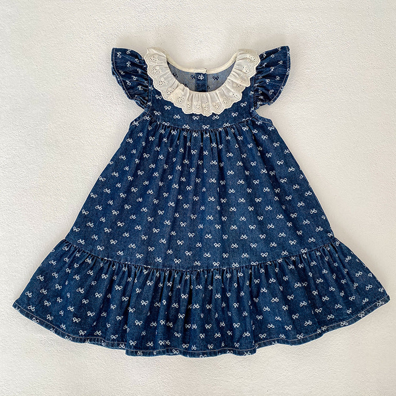 Summer Denim Bow Print Vest Crawling Suit Children's Dress