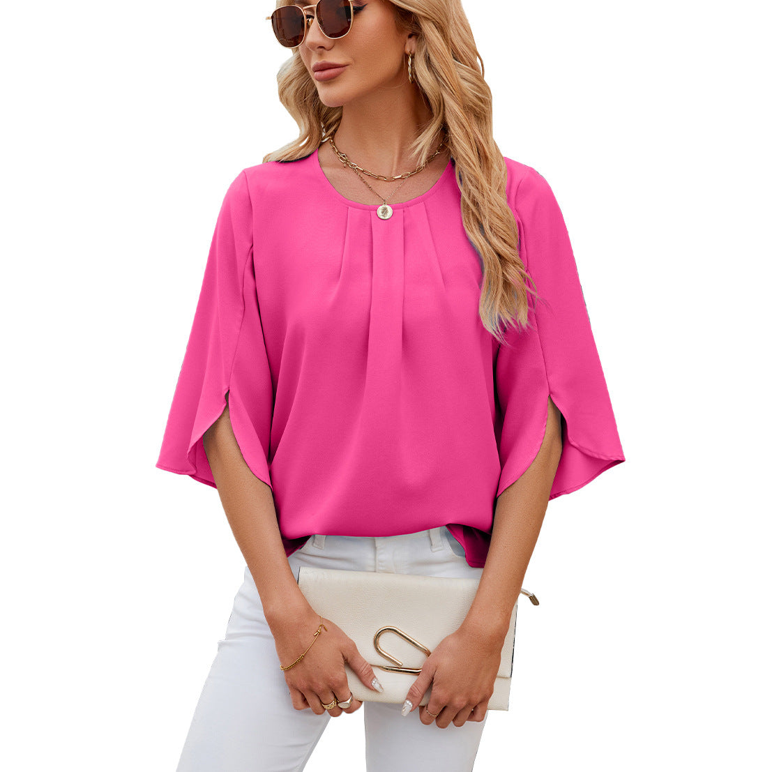 Women's Color Round Neck Half Sleeve Loose Lace Shirt, Chiffon Shirt