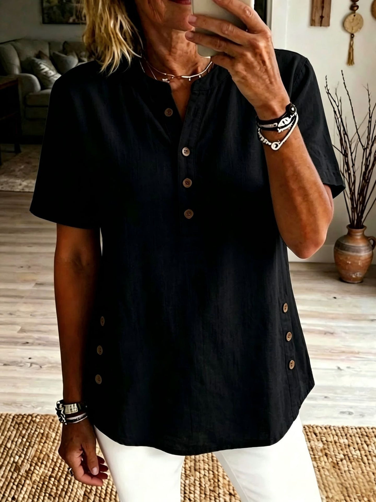 Women's Collar Half Sleeve Side Breasted Loose Casual Women's T-shirt