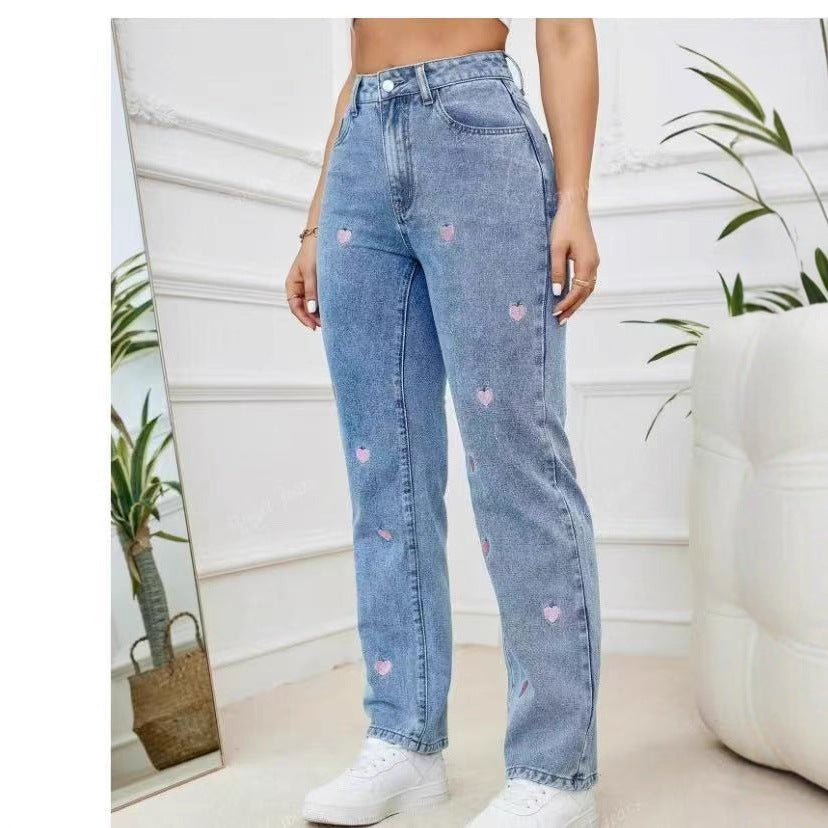 Women's Love Embroidered Straight Loose Elastic Denim Women's Jeans