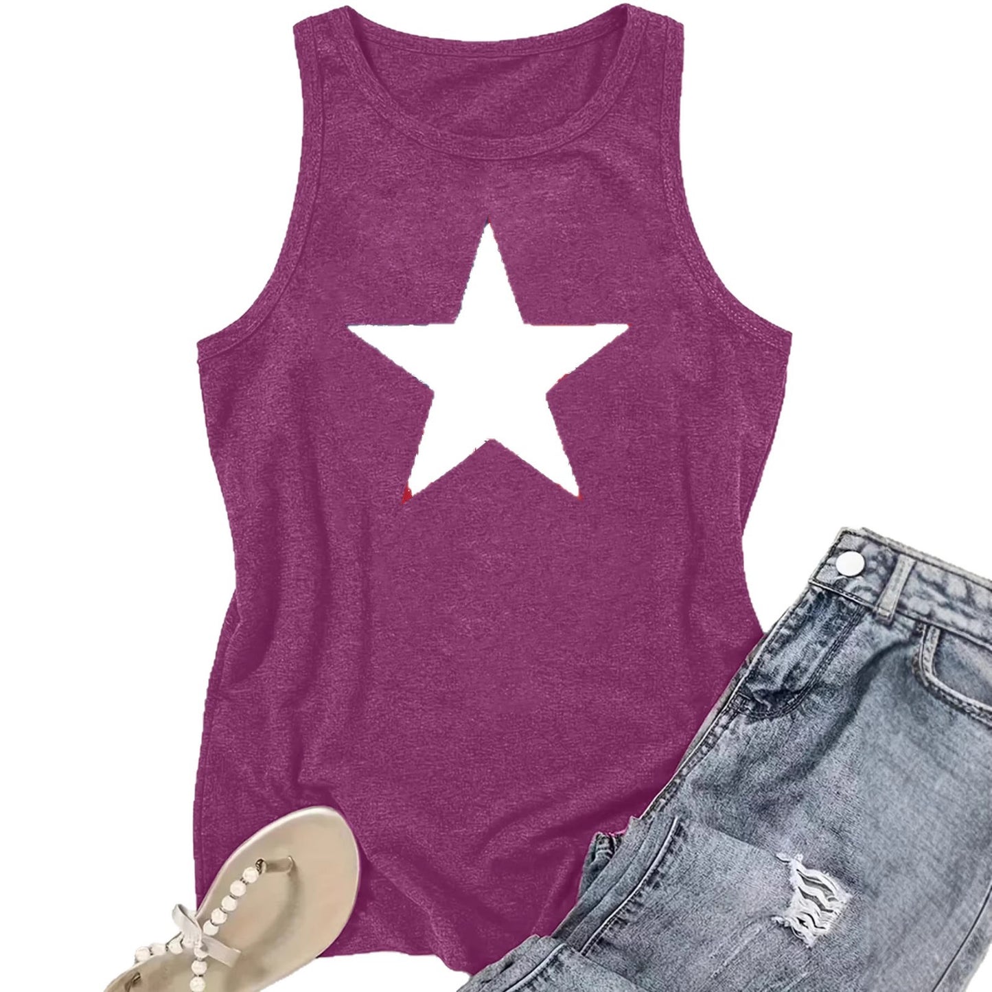 Women's Sleeveless Five-pointed Star Flag Printed Sling Backless Sexy Loose Vests