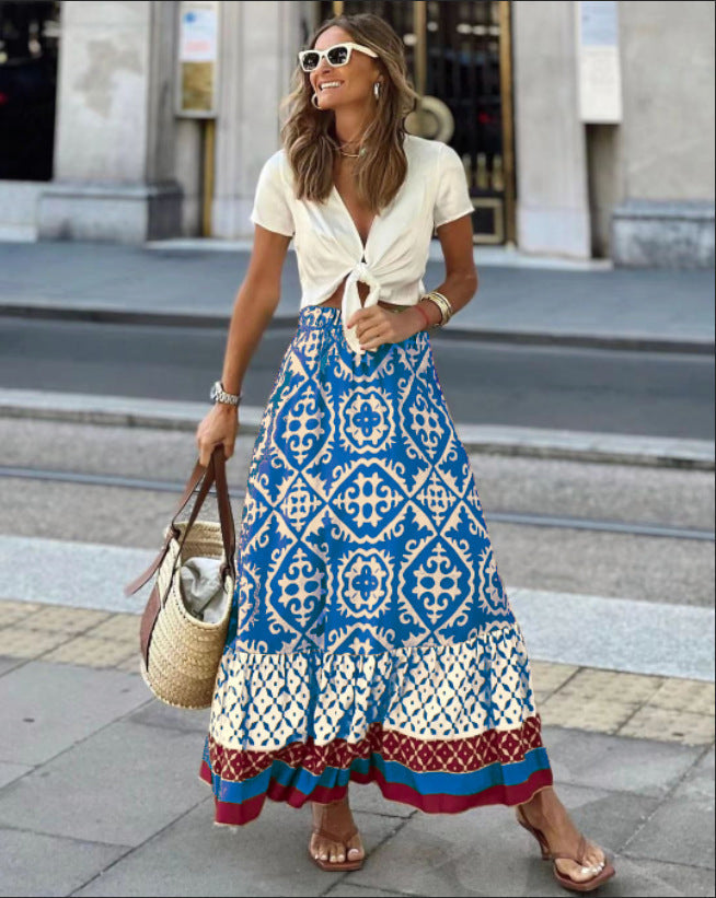 Women's Summer Printed Loose Stitching Large Swing Skirt