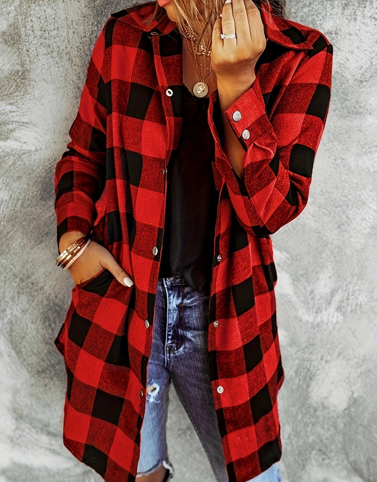 Women's Long Sleeve Plaid Lapel Loose Casual Jackets