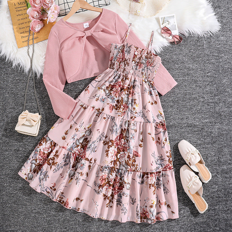 Children's Older Clothing Spring Sweet Floral Suspender Children's Suit