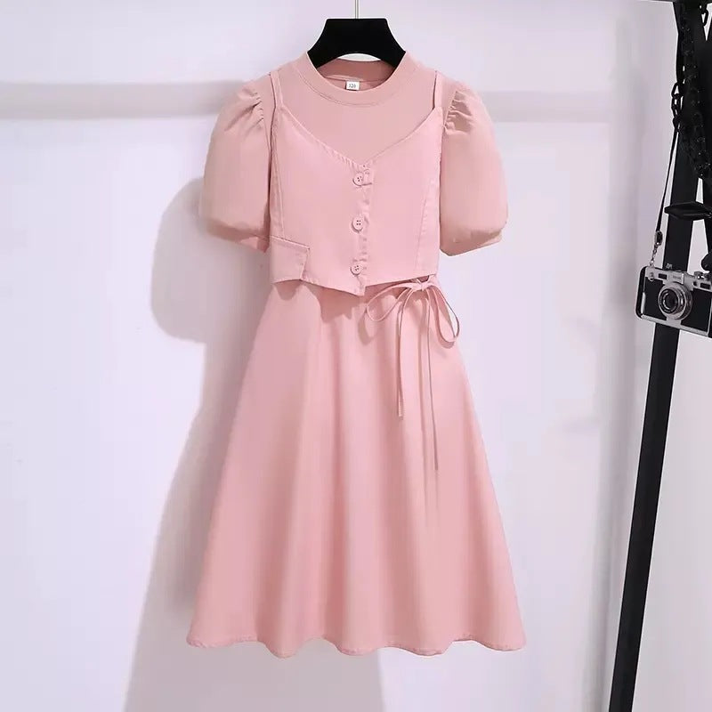 Fake Two-piece Summer Stylish Korean Teens Short Children's Dress