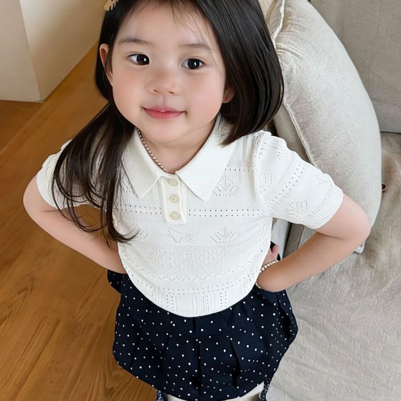 Children's Summer Ice Silk Short Sleeve Knitted Hollow Old Money Children's T-shirt
