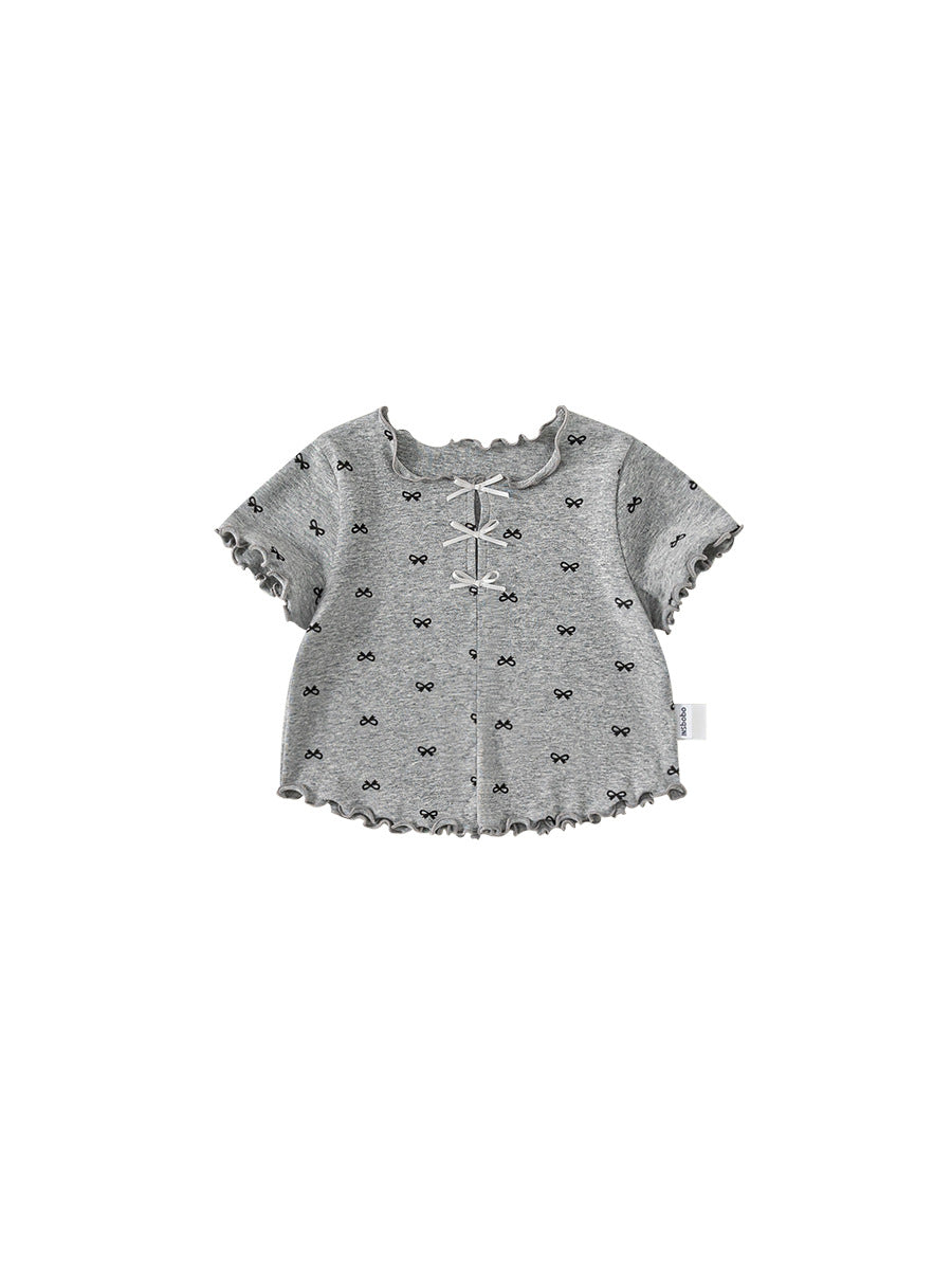 Children's Clothing Summer Korean Top Wooden Ear Bow Printed Children's T-shirt