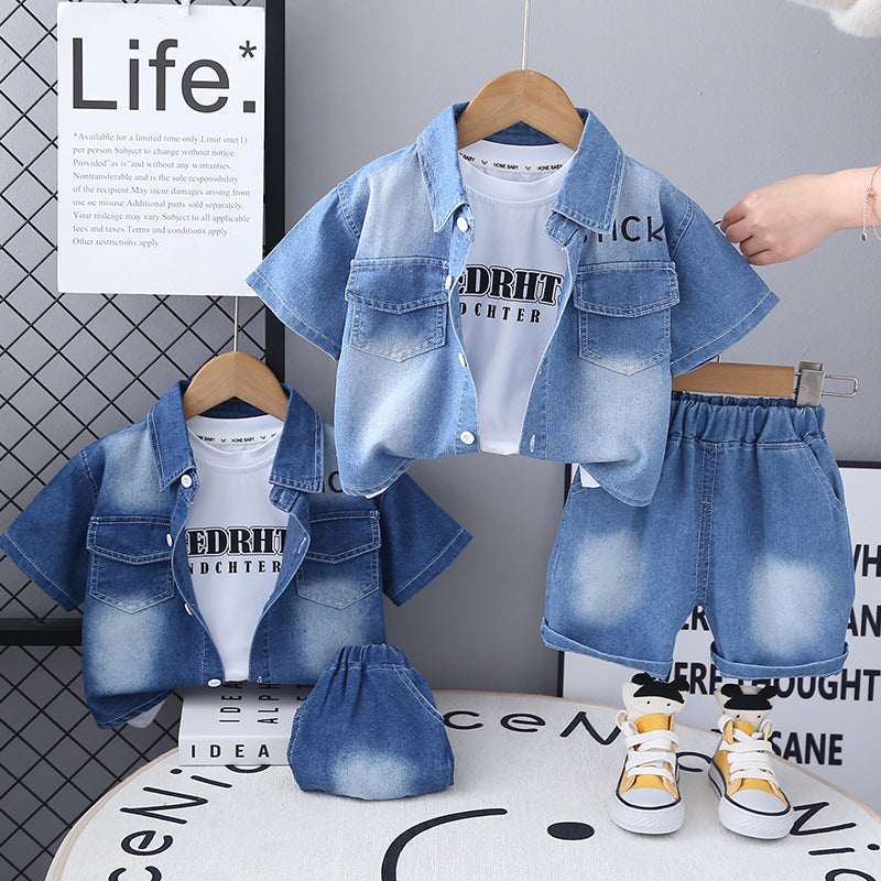 Summer White Denim Lapel Shirt Short-sleeved Three-piece Casual Children's Suit