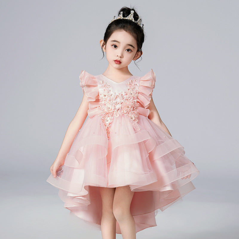 Summer Flounced Sleeve Trailing Mesh Bubble Skirt Princess Children's Dress