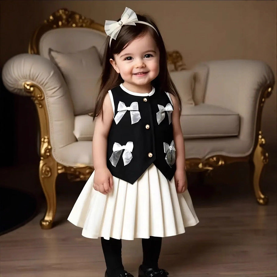 Comfortable Fashion Bow Vest Pleated Skirt Children's Suit