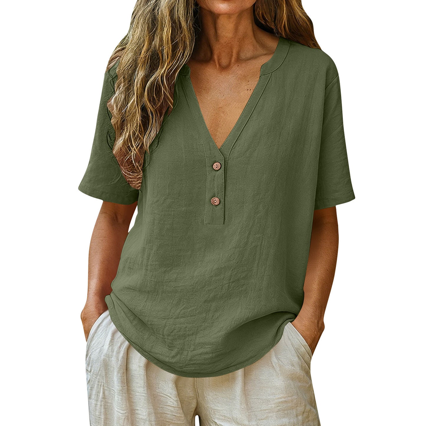 Women's Solid Color Button Fashion Sleeve Women's T-shirt