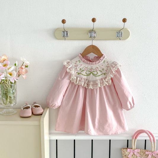 Spring Lace Stand Collar Flower Embroidered Sweet Princess Children's Dress