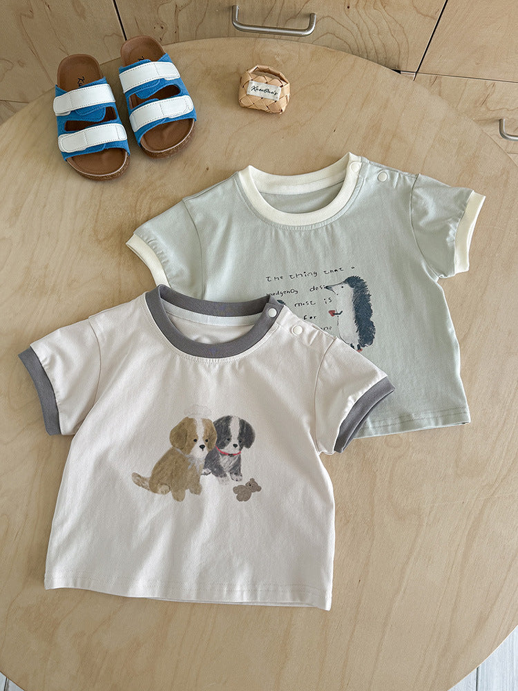 Summer Contrast Color Neckline Cartoon Print Short Sleeve Infant Versatile Children's T-shirt
