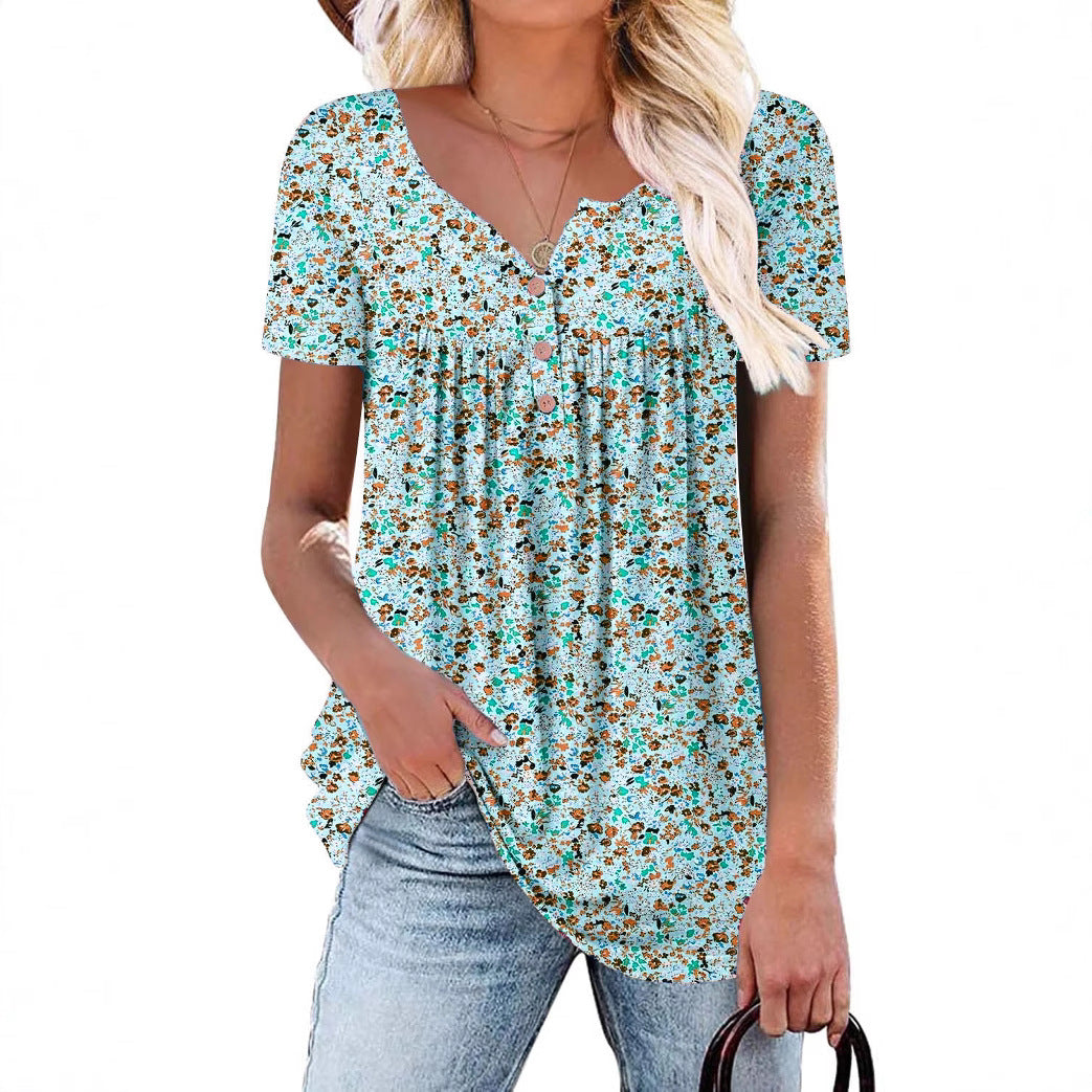 Summer Round Neck Button Small Floral Casual Women's T-shirt