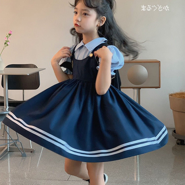 Summer Fake Two-piece Preppy Style Bubble Sleeve Children's Dress