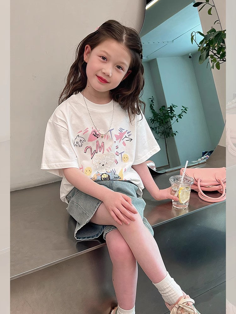 Children's Teenager Clothing Korean Style White Fashionable Short Children's T-shirt
