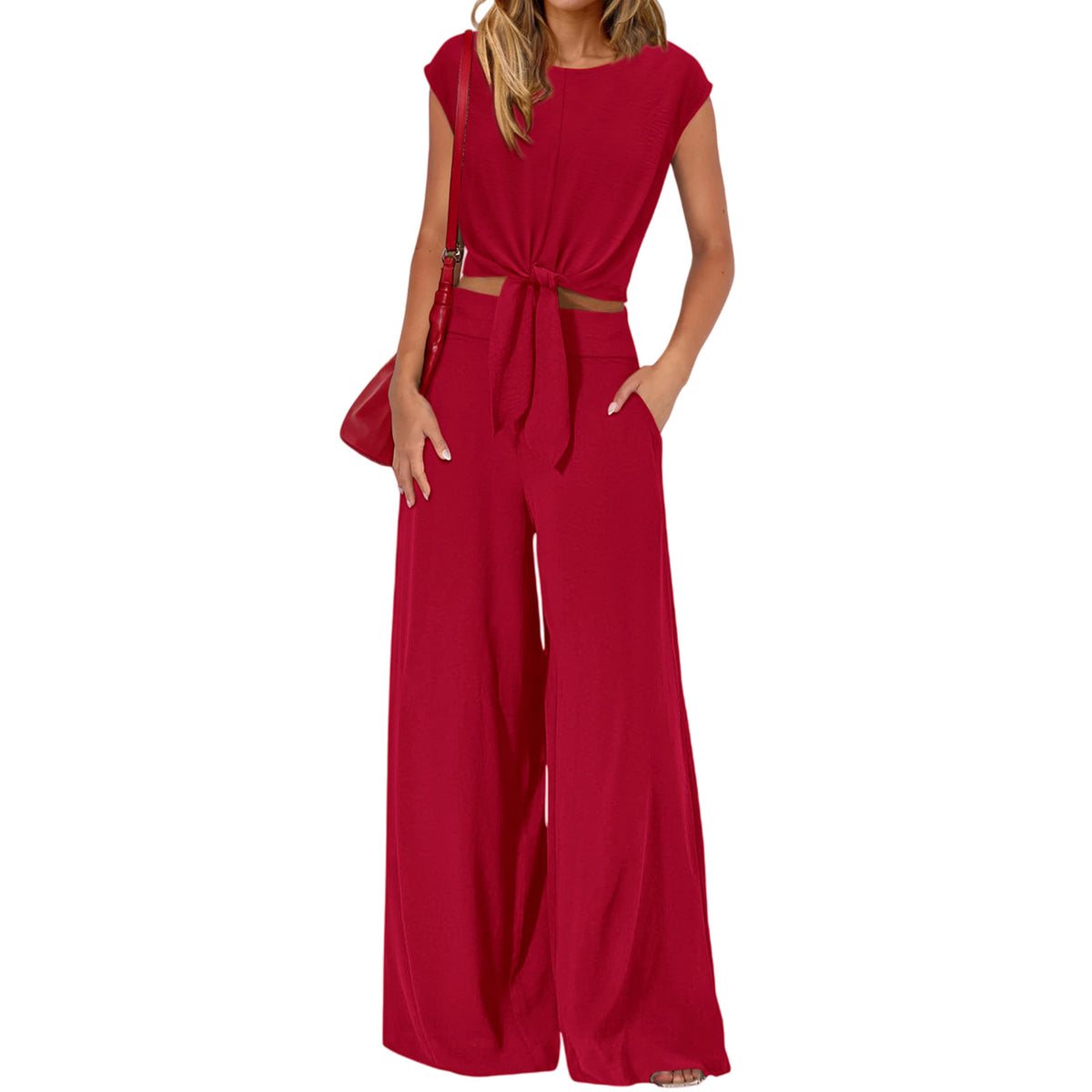 Women's Sleeveless Round Neck Tied Cropped Suits