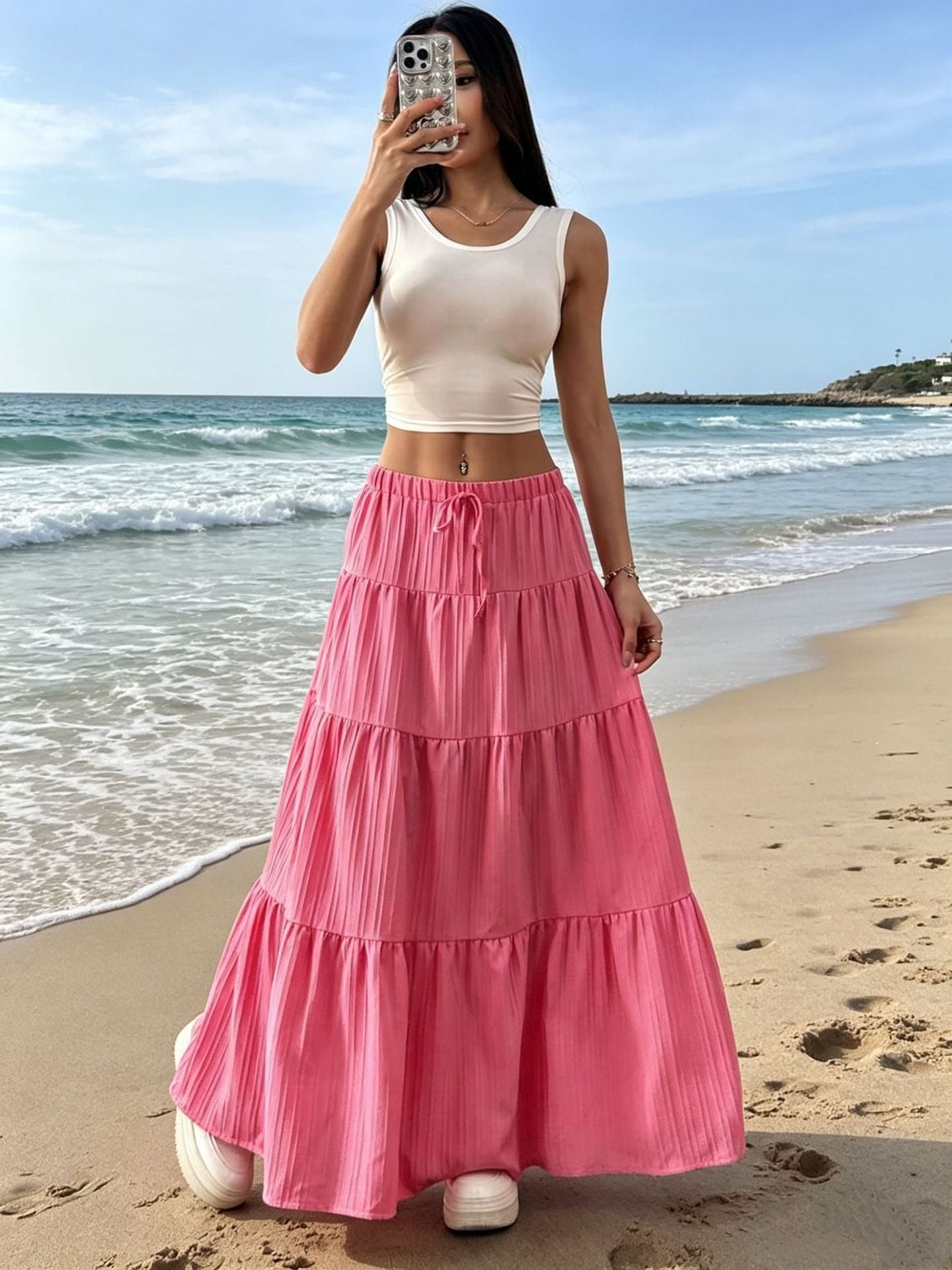 Women's Stitching Solid Color Large Swing Casual Loose Skirts