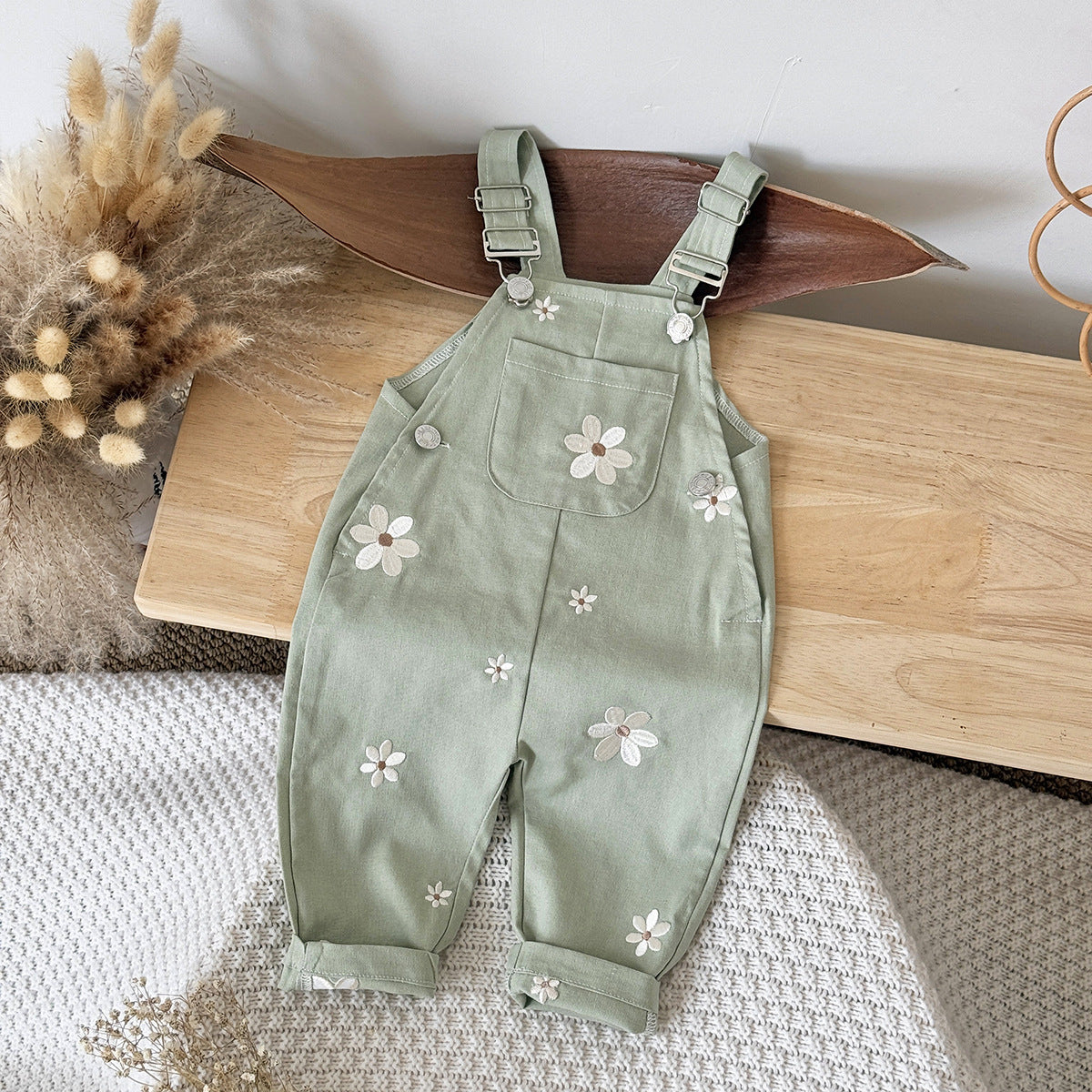 Jumpsuit Korean Style Fashion Suspender Flower Embroidered Casual Children's Pants