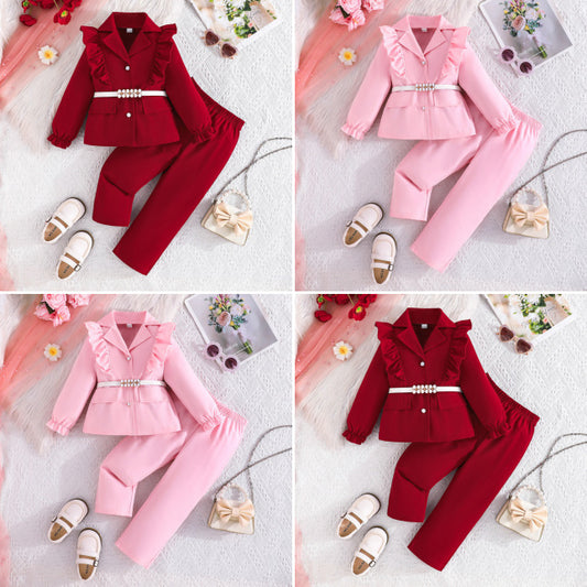 Children's Large Long Sleeve White Belt Top Ruffled Blazer Trousers Three Children's Suit