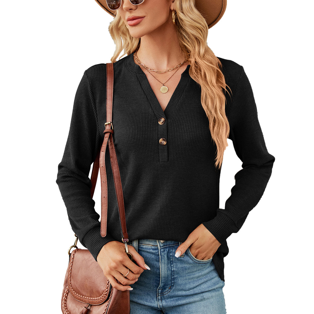 Women's Solid Color Button Loose Long-sleeved Women's T-shirt