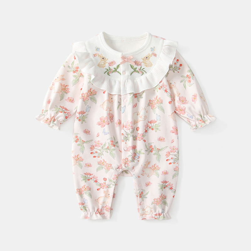 Autumn Floral Infant Rompers Embroidered Bunny Going Jumpsuit, Climbing Suit