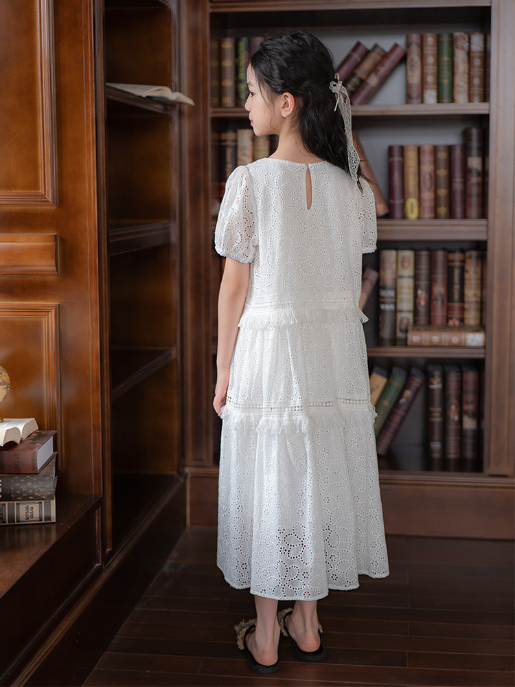 Hollow Embroidered White Cotton Summer Medium Children's Dress