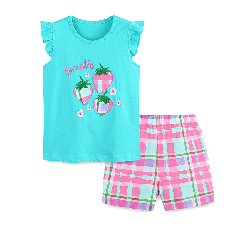 Children's Strawberry Embroidered Shorts Fashion Short Sleeve Children's Suit