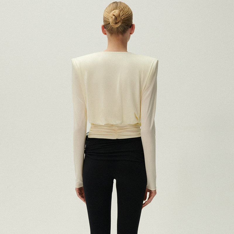 Women's Clothes Summer Fashion Swing Collar Padded Shoulder Pleating Slim Slimming Blouse