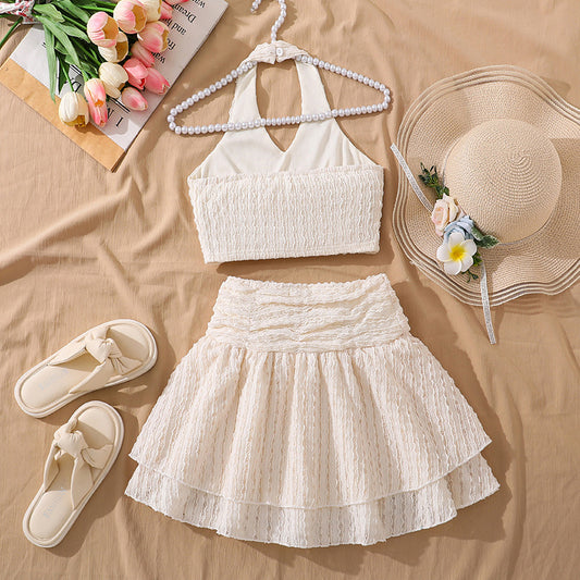 Pure Color Halter Backless Top Pleated Skirt Children's Suit