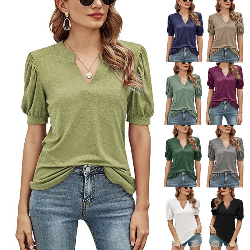 Women's Summer Casual Solid Color Puff Sleeve Tops