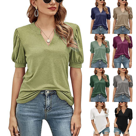 Women's Summer Casual Solid Color Puff Sleeve Tops