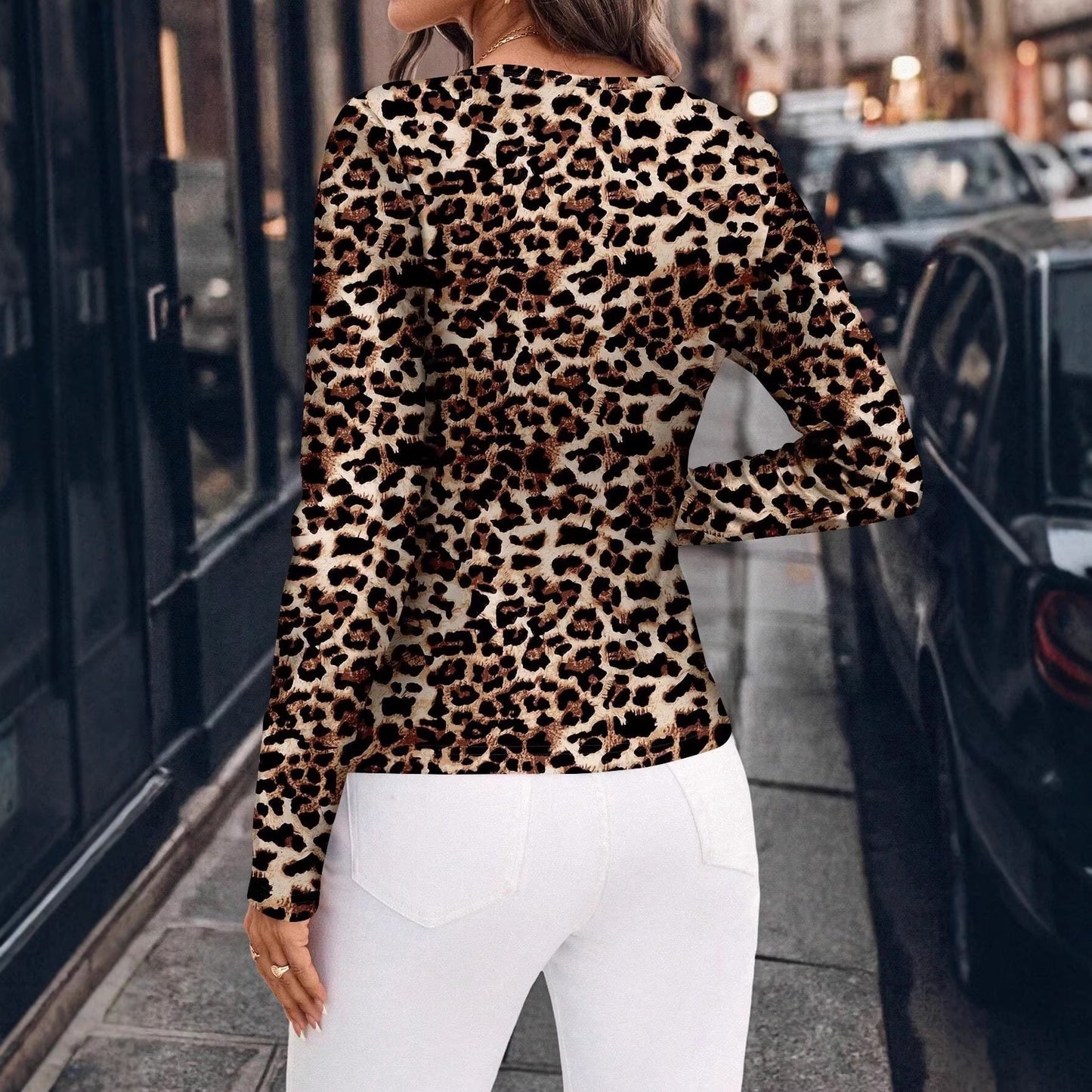 Women's Leopard Print Button Sexy Slim Fit Women's T-shirt