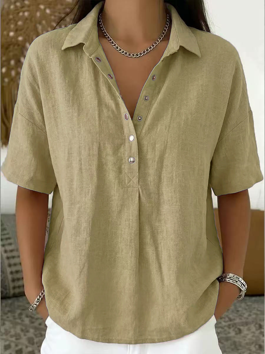 Women's Summer Loose Snap Fastener Lapel Sleeve Solid Color Women's T-shirt