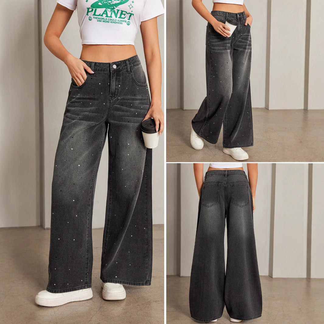 Retro Distressed Rhinestone Loose High Waist Black Women's Jeans